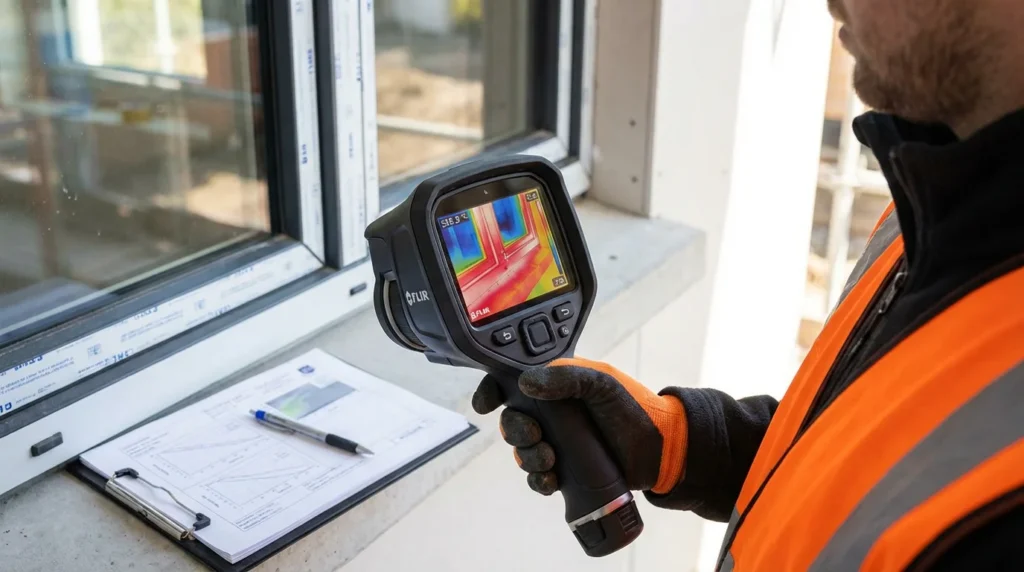 Un inspecteur thermique examine de près l'intersection d'une fenêtre et d'un mur à l'aide d'une caméra infrarouge. L'écran de la caméra montre des variations de température colorées.