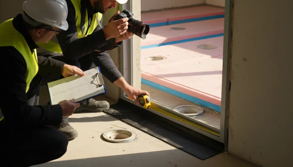 Inspecteur sur un chantier vérifiant la hauteur de la membrane d'étanchéité près d'une porte avec un mètre ruban et un clipboard en main. Le site est bien organisé, avec des outils et matériaux autour.