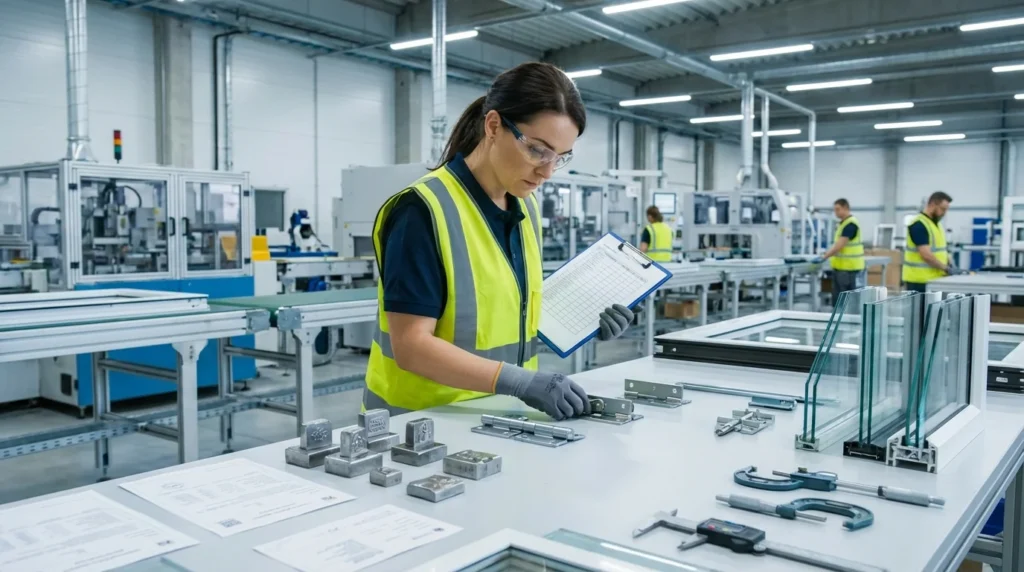 Un inspecteur de contrôle qualité dans une usine moderne de fabrication de fenêtres, tenant une liste de vérification sur une planchette, examine attentivement les composants robustes des fenêtres. L'environnement est lumineux et bien organisé.