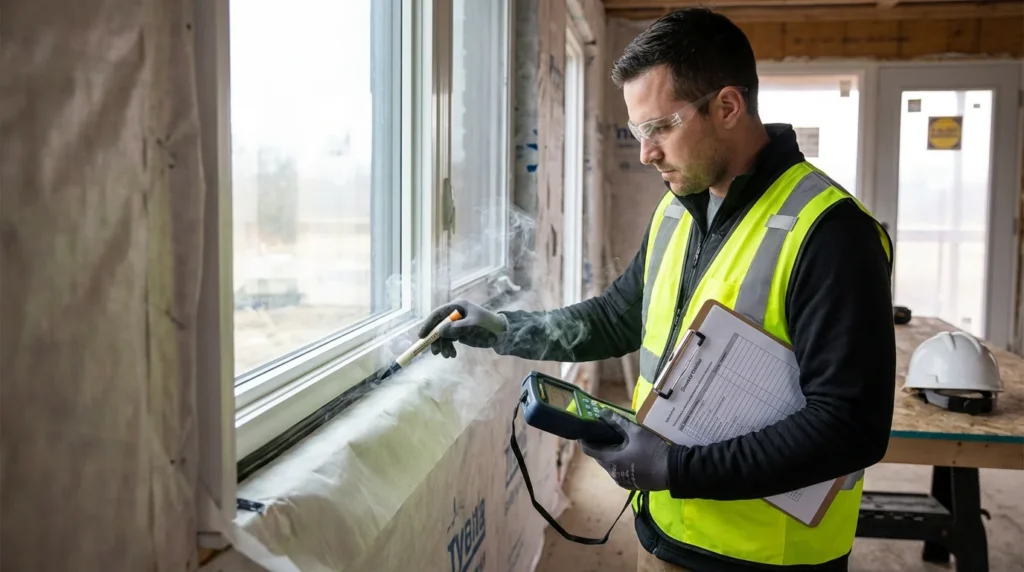 Un inspecteur de contrôle qualité utilise un crayon à fumée pour vérifier l'étanchéité autour d'une fenêtre. Il s'assure que la membrane et les joints sont bien posés. La fumée révèle les éventuelles fuites d'air.