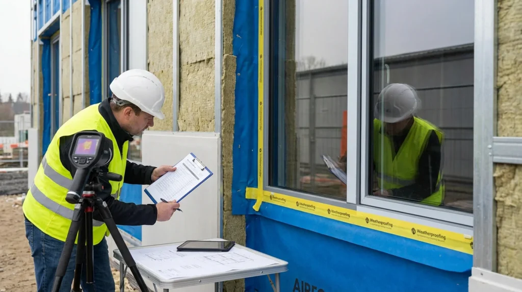 Un inspecteur de chantier examine attentivement une nouvelle fenêtre avec un clipboard à la main. Il vérifie la qualité de l'installation en consultant une liste de contrôle. On voit des équipements de construction en arrière-plan.