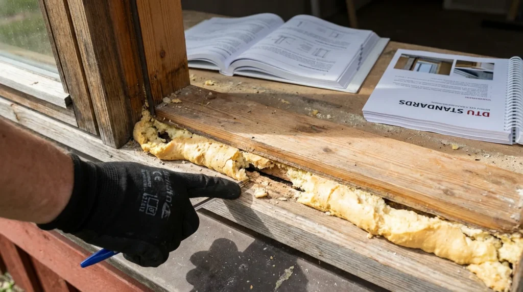 Un inspecteur en bâtiment examine de près l'installation d'un cadre de fenêtre. On voit ses mains gantées montrant un problème avec la mousse polyuréthane qui déborde.