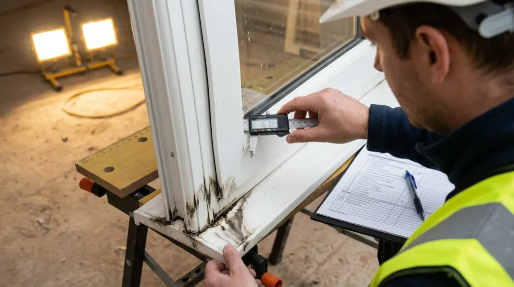 Un inspecteur du bâtiment examine un cadre de fenêtre en PVC déformé. Il utilise un pied à coulisse numérique pour mesurer la déviation. On voit des traces d'infiltration d'eau autour de la fenêtre.