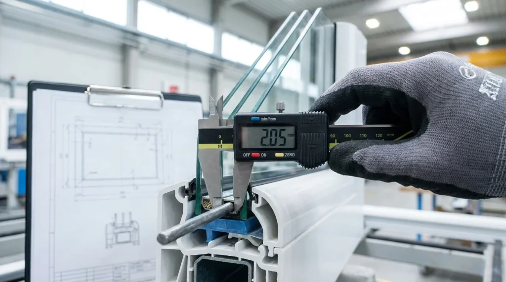 Un inspecteur de qualité utilise un pied à coulisse numérique pour mesurer l'épaisseur du renfort en acier d'un profilé de fenêtre en PVC. On voit la section transversale en acier et un clipboard avec des documents techniques à côté.