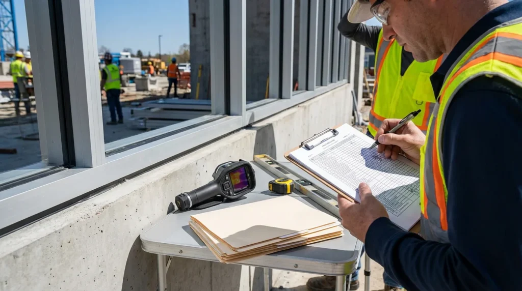 Un inspecteur de contrôle qualité, avec une tablette à la main, vérifie des fenêtres en aluminium sur un chantier. Il coche des éléments sur une liste tout en utilisant une caméra thermique pour s'assurer que tout est bien installé.