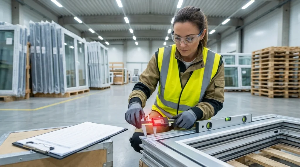 Un inspecteur de qualité portant un gilet jaune fluo examine des cadres de fenêtres en aluminium dans un entrepôt. Il utilise un pied à coulisse numérique et un niveau à bulle pour vérifier les mesures.