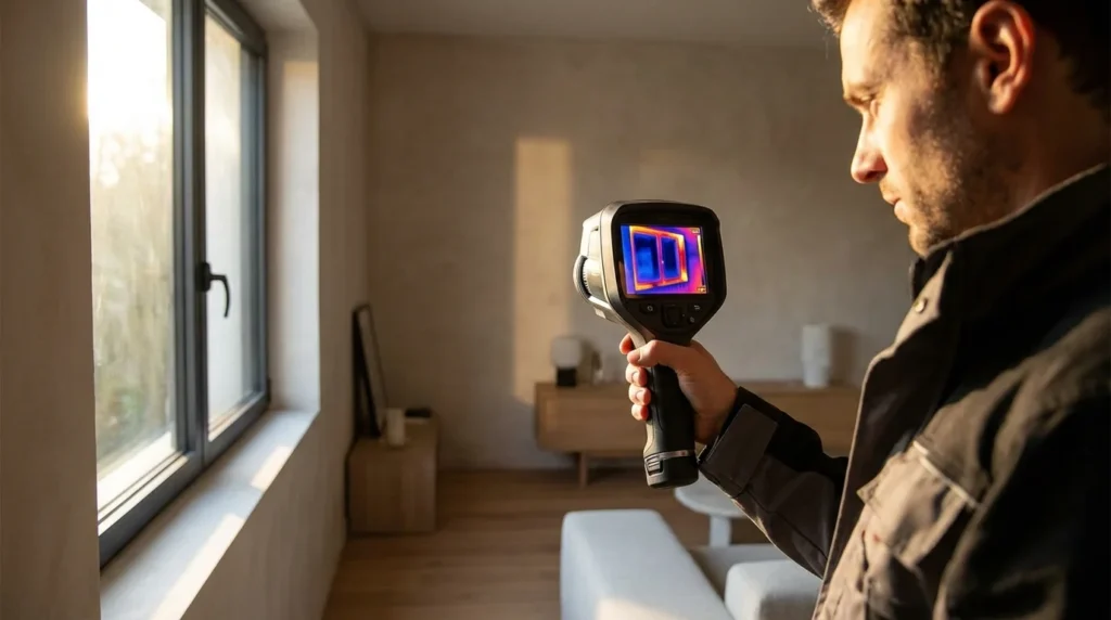 Un spécialiste en installation de fenêtres utilise une caméra thermique pour inspecter une nouvelle fenêtre triple vitrage. On voit des motifs de perte de chaleur en couleurs vives.
