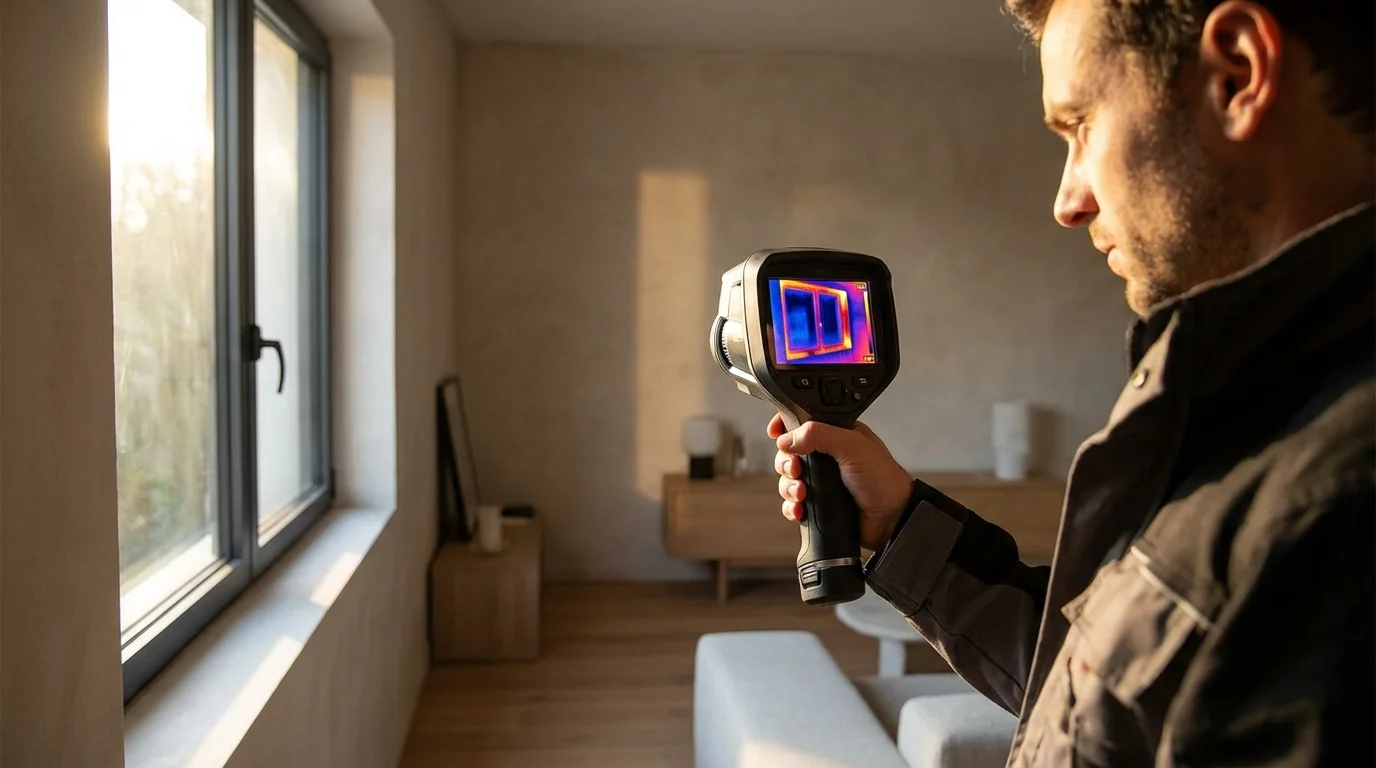 Un spécialiste en installation de fenêtres utilise une caméra thermique pour inspecter une nouvelle fenêtre triple vitrage. On voit des motifs de perte de chaleur en couleurs vives.