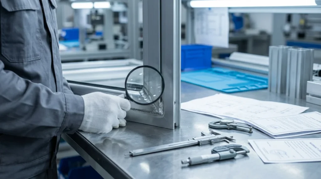 Un inspecteur contrôle de près les joints soudés des cadres de fenêtres en aluminium. Il utilise des instruments de mesure précis et une loupe pour examiner les détails du mastic. On voit son regard concentré sur son travail minutieux.