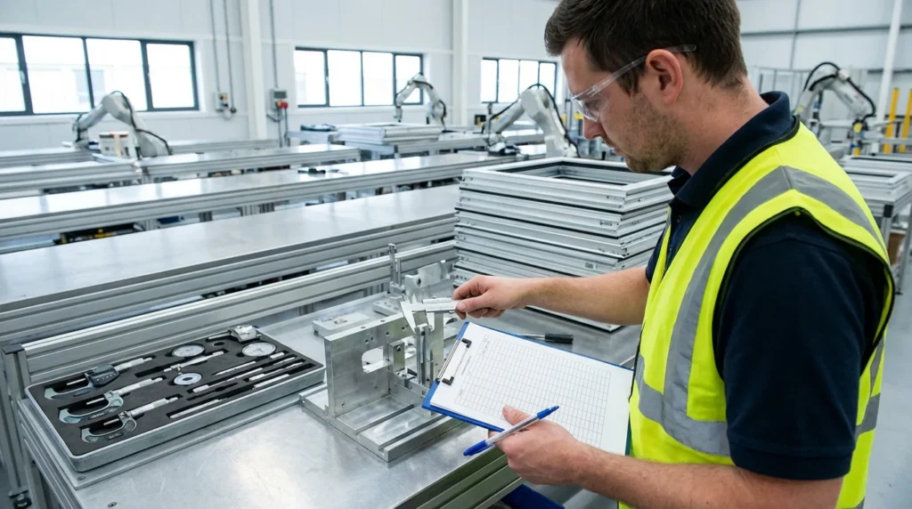 Un inspecteur de contrôle qualité examine minutieusement les mécanismes de quincaillerie de fenêtres en aluminium dans une usine lumineuse. Il tient un clipboard et vérifie chaque détail avec soin.