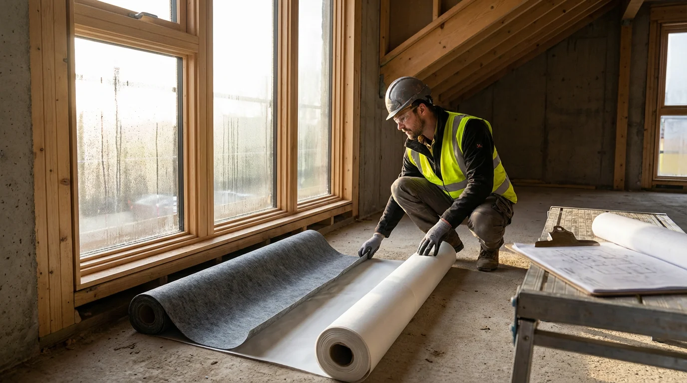 Un installateur de fenêtres en tenue de sécurité examine deux rouleaux de membrane côte à côte près d'un cadre de fenêtre partiellement installé. La lumière du matin éclaire doucement le chantier intérieur.
