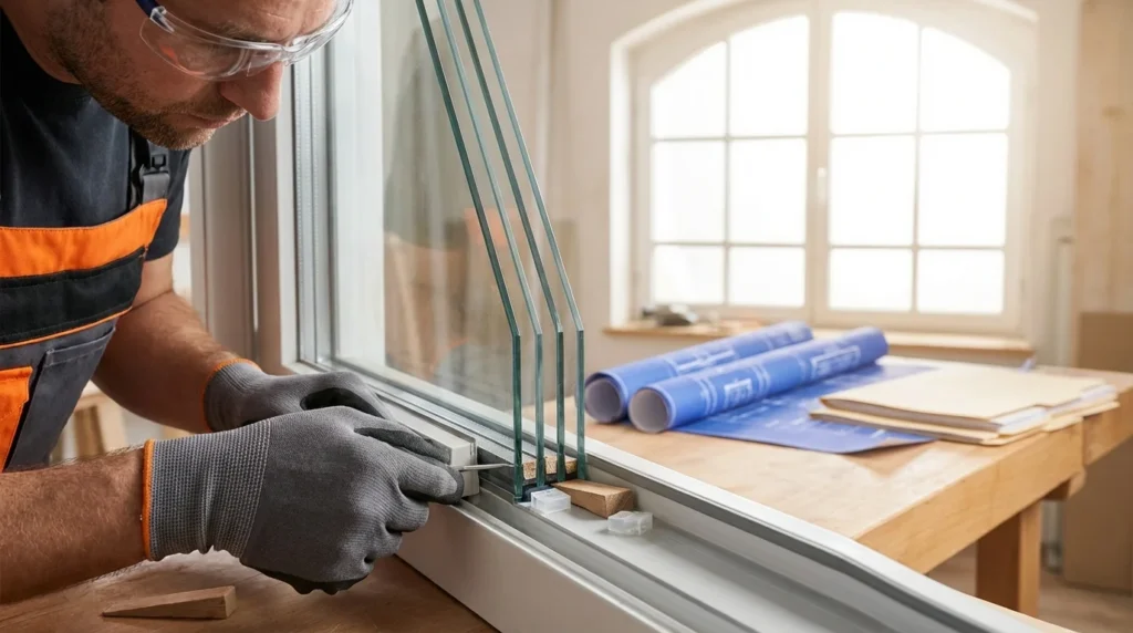 Un installateur de fenêtres en tenue de sécurité ajuste soigneusement des cales et des blocs sur un cadre de fenêtre triple vitrage. Il travaille avec précision dans un atelier, entouré d'outils et de matériaux.