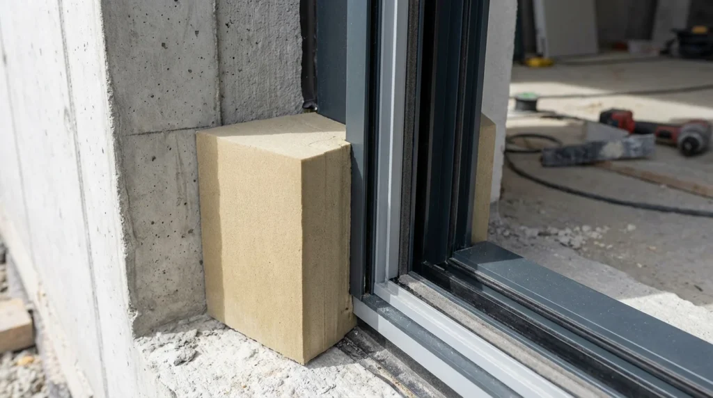Une photo détaillée montre l'installation d'une rupture thermique à la jonction fenêtre-mur. On y voit un bloc d'isolation en polyuréthane haute densité (Purenit) bien intégré dans la structure.