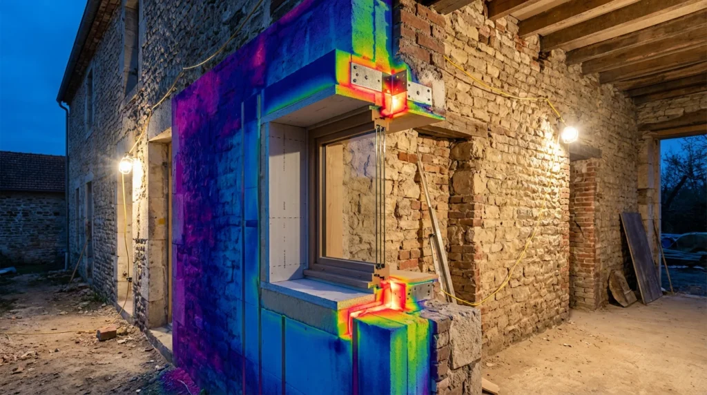 Une photo montre une coupe d'un mur d'un bâtiment français avec isolation thermique à l'intérieur. On y voit une fenêtre à triple vitrage haute performance, intégrée dans la structure, mettant en valeur l'efficacité énergétique.