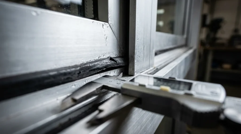 Gros plan sur un joint en TPE défectueux sur un cadre de fenêtre en aluminium. On voit un espace entre l'ouvrant et le cadre, montrant l'échec de l'étanchéité. La lumière accentue cet écart, révélant un passage d'air.