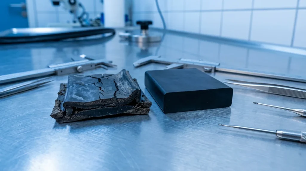 Gros plan d'une section transversale d'un joint de fenêtre défectueux sur une table de laboratoire. On voit le joint en silicone dégradé et déformé par la compression, à côté d'un joint en meilleur état.