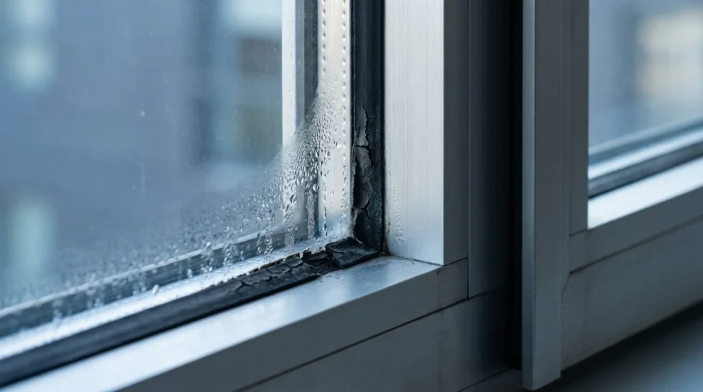 Gros plan sur un joint de fenêtre usé avec des fissures visibles et des espaces entre le cadre et le verre. Des gouttelettes de condensation se forment à l'intérieur, éclairées par la douce lumière du matin.
