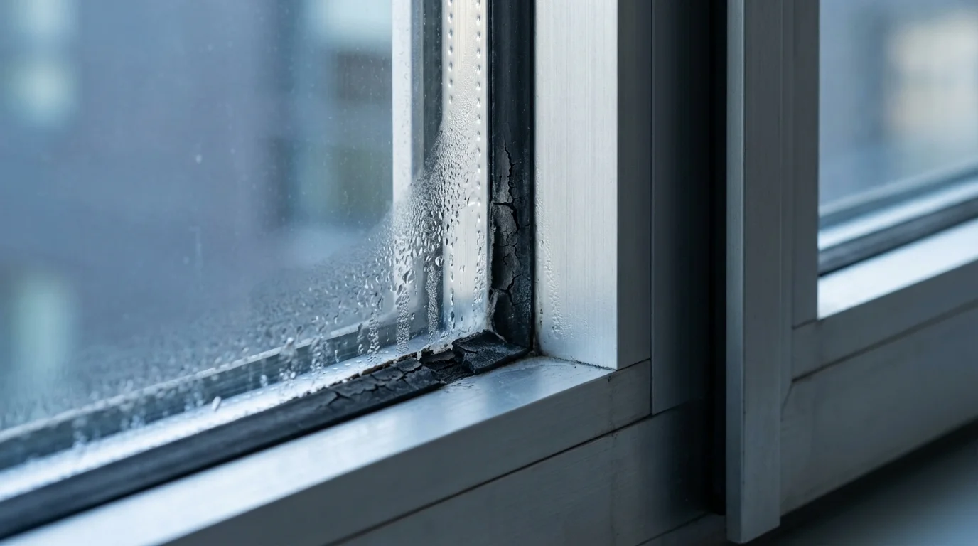 Gros plan sur un joint de fenêtre usé avec des fissures visibles et des espaces entre le cadre et le verre. Des gouttelettes de condensation se forment à l'intérieur, éclairées par la douce lumière du matin.
