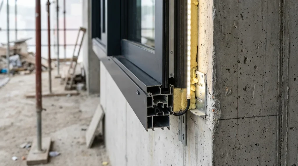 Une photo détaillée montre la jonction d'un cadre de fenêtre performant avec un mur en béton. On voit les zones de ponts thermiques à ce point de rencontre, illustrant la précision architecturale.