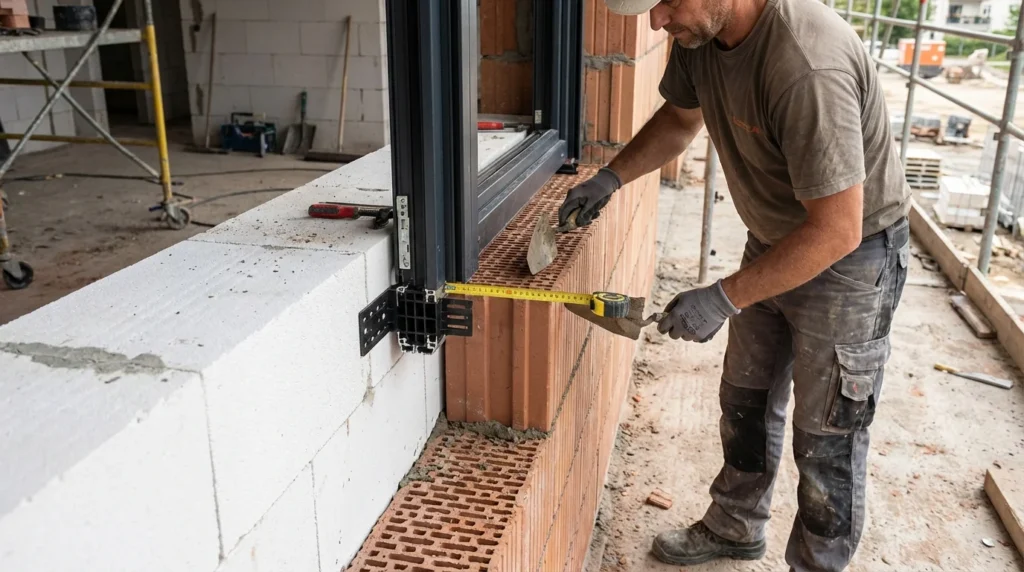 Un maçon pose minutieusement un mur en briques monolithiques en terre cuite à côté d'une section en béton cellulaire. On aperçoit une fenêtre intégrée dans la structure. L'ambiance est professionnelle et concentrée.