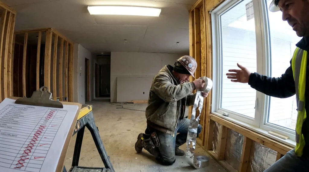 Un ouvrier du bâtiment installe maladroitement un ruban isolant autour d'une fenêtre. On voit des espaces et un mauvais ajustement, laissant des trous visibles. La maison semble neuve, mais l'isolation est clairement mal faite.