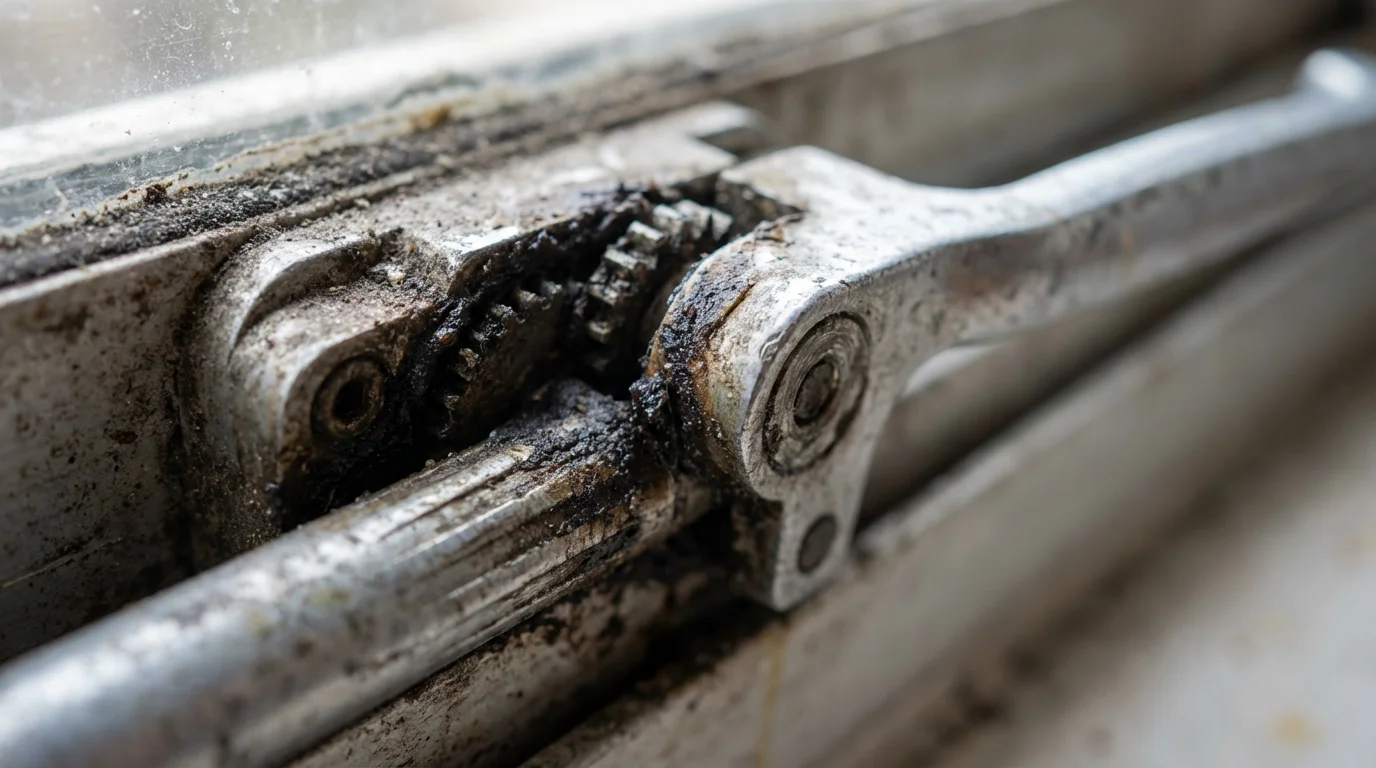 Gros plan sur un mécanisme de fenêtre en aluminium usé. On voit de la graisse séchée et des particules de poussière sur le métal corrodé, avec des marques d'usure visibles sur la crémone.