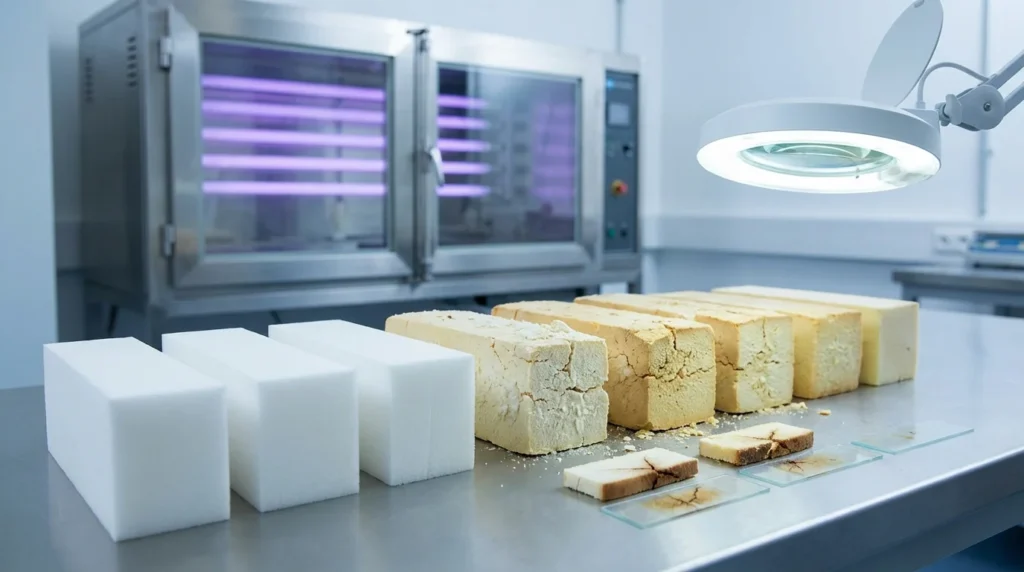 Photographie d'un laboratoire montrant des échantillons de mousse isolante en polyuréthane. Les échantillons âgés sont jaunis, craquelés et ont une texture poudreuse, contrastant avec les échantillons plus récents.
