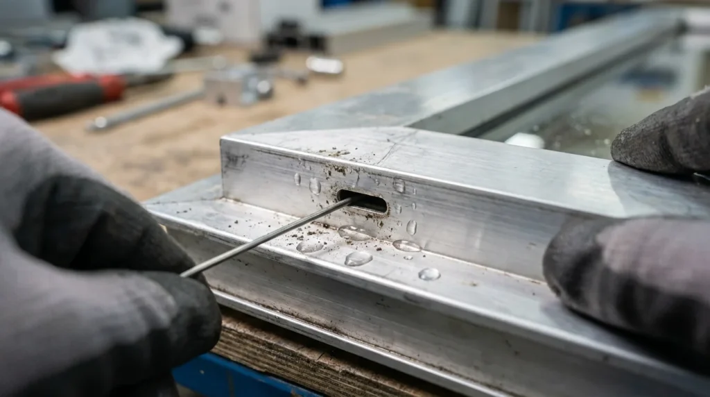 Un gros plan montre les mains d'un technicien qui utilise un fil rigide pour nettoyer les trous de drainage d'un cadre de fenêtre en aluminium. On voit des gouttes d'eau autour des orifices, soulignant l'attention portée aux détails.