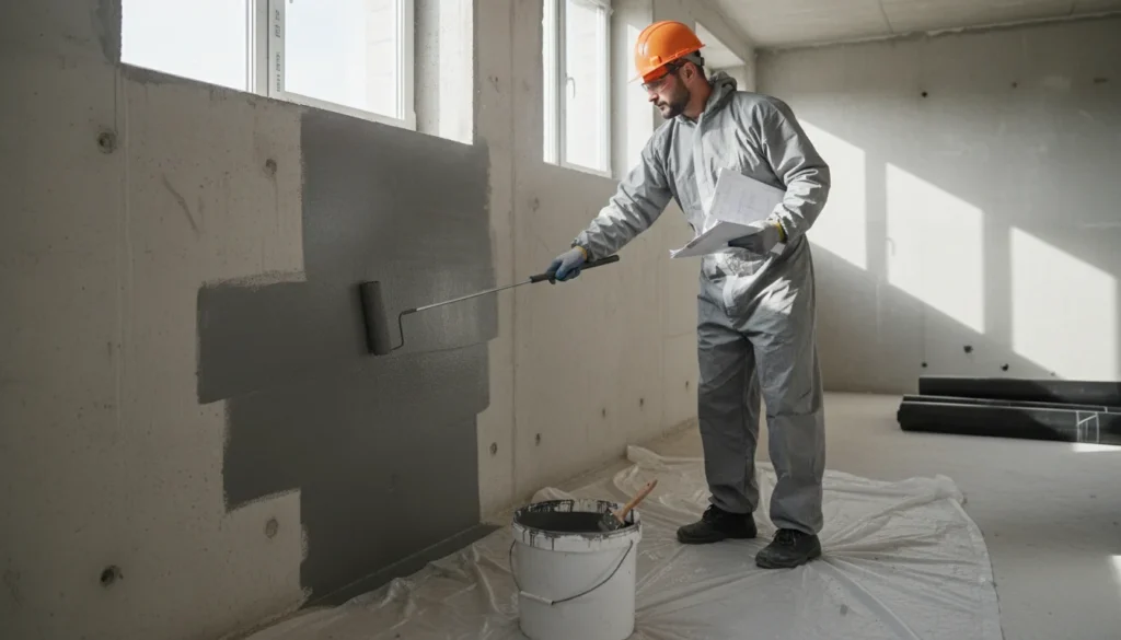 Un ouvrier sur un chantier de construction applique une sous-couche avec un rouleau sur une surface en béton. À côté de lui, on voit un seau de primaire avec un pinceau posé à côté. L'environnement est propre et organisé, prêt pour l'étanchéité.