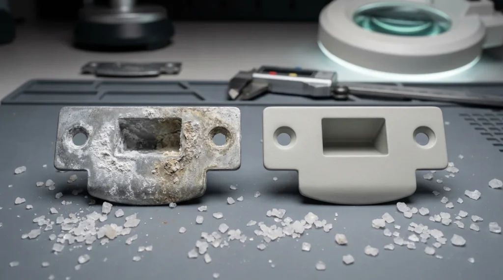 Comparaison de plaques de sécurité en Zamak : l'une est brute avec de la corrosion et des dépôts blancs, l'autre est traitée et en bon état. La différence entre les deux finitions est clairement visible.