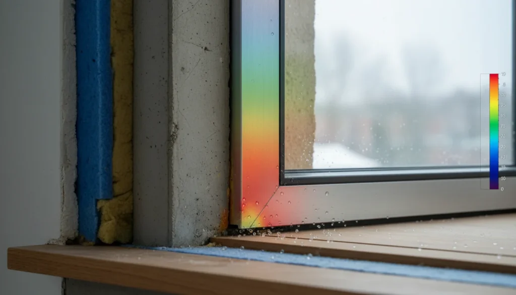 Une photo montre une coupe transversale d'un mur avec un défaut de pont thermique au niveau du rebord de fenêtre. On voit le béton rencontrer le cadre en aluminium, avec une image thermique en superposition révélant les pertes de chaleur.