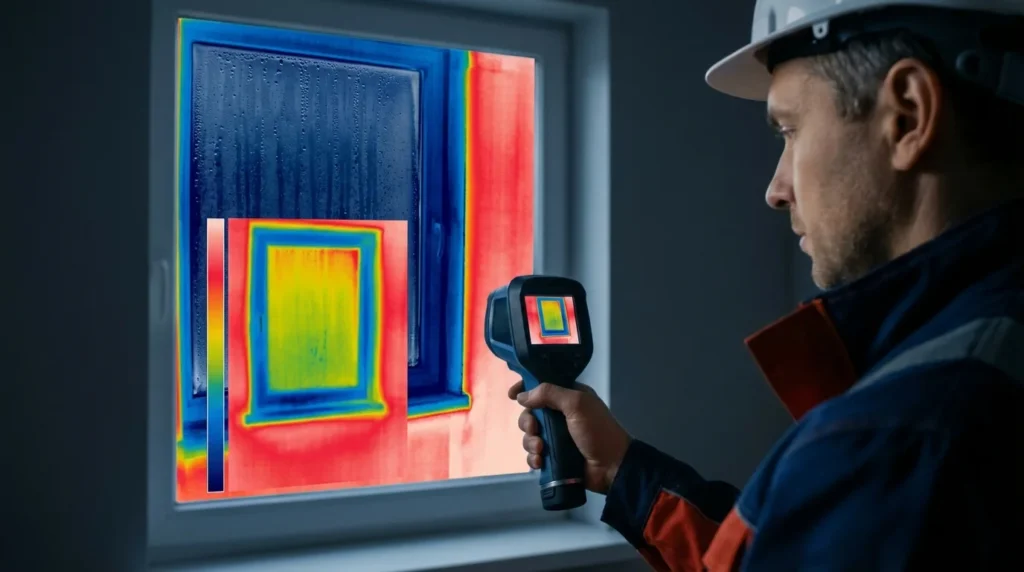 Une photo thermique montre un cadre de fenêtre avec des ponts thermiques visibles. On voit de la condensation autour du cadre et des gouttelettes d'humidité sur les bords du verre.