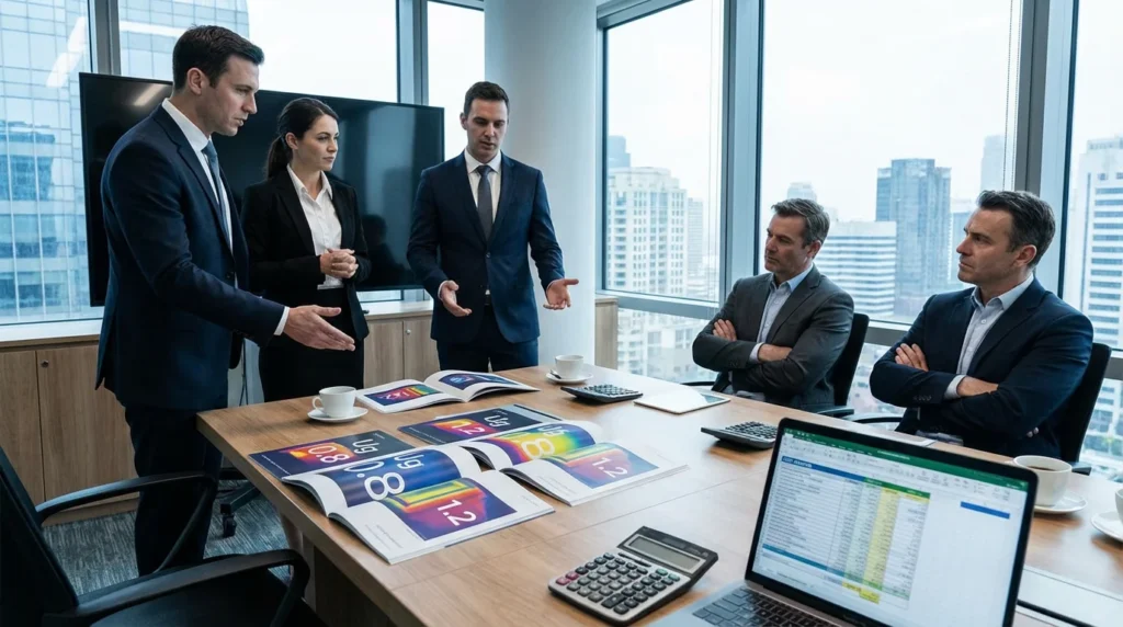 Des commerciaux présentent des brochures brillantes à des clients dans une salle de réunion. Les valeurs Ug et Uf sont mises en avant, avec un petit astérisque en bas. Une grande fenêtre laisse entrer la lumière naturelle.