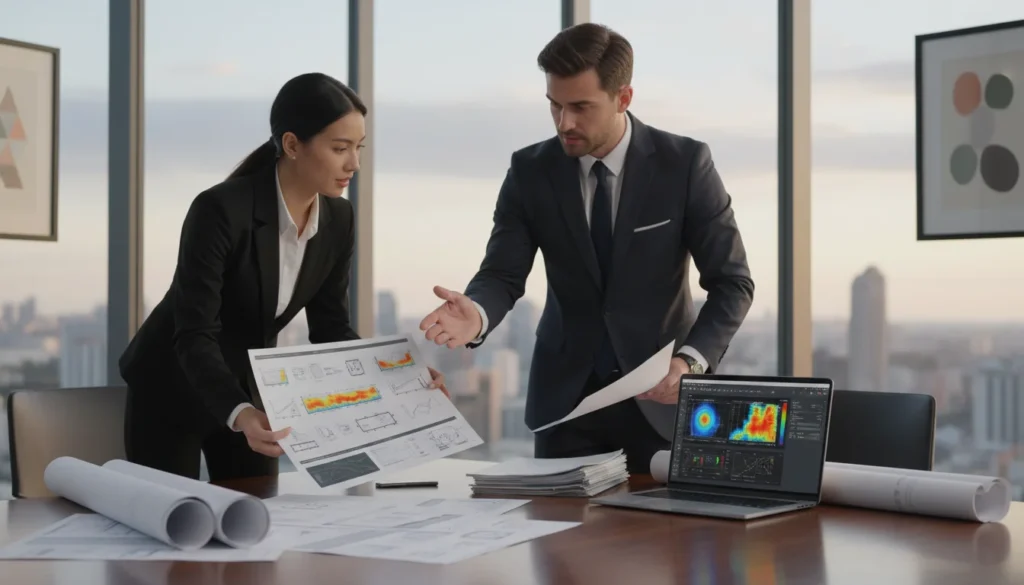 Un entrepreneur en bâtiment présente des documents sur les ponts thermiques à un client dans une salle de réunion. Un ordinateur portable affiche des graphiques de thermographie. L'ambiance est professionnelle et studieuse.