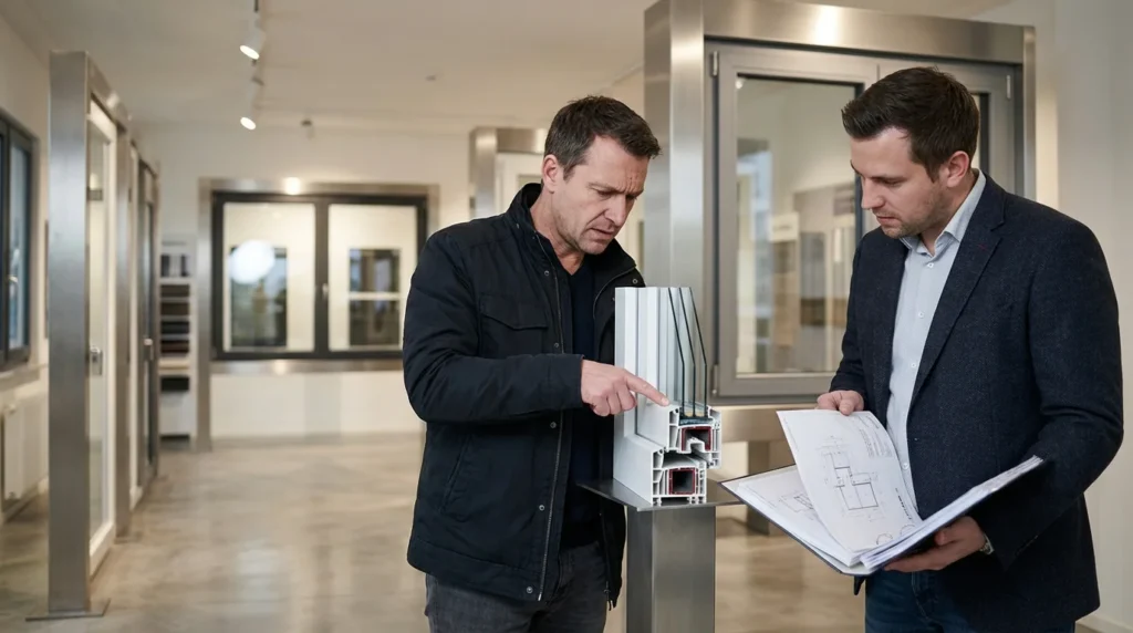 Un client dans un showroom examine attentivement une section de profilé de fenêtre en PVC, en pointant du doigt une partie. Le vendeur, tenant des documents techniques, explique les renforts en acier. Ils discutent avec intérêt.