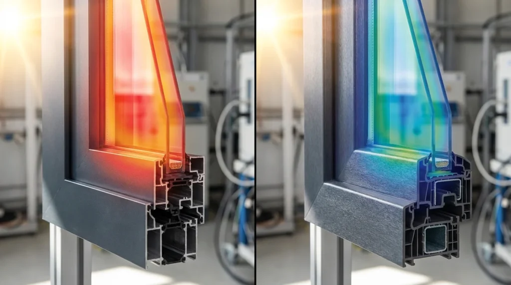Une photo en gros plan de profilés de fenêtres en aluminium sombre sous un soleil intense. On voit les effets de dilatation thermique, avec une partie en anthracite foncé et une autre en noir, exposées différemment à la lumière.