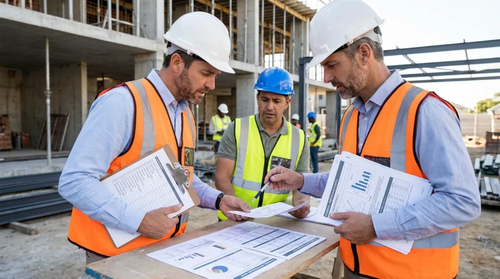 Une réunion sur un chantier de construction : un chef de projet tient des documents techniques et discute avec un fournisseur de fenêtres. Ils examinent ensemble des fiches sur les performances thermiques des produits.