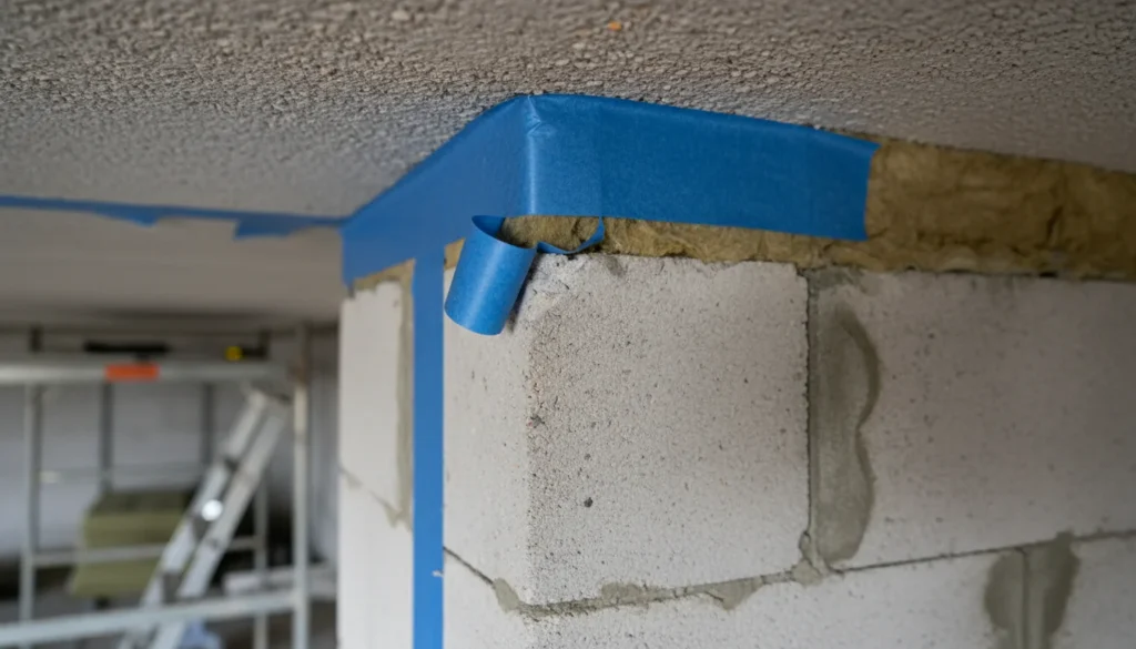 Gros plan d'un ruban adhésif bleu qui se décolle d'un joint entre le mur et le plafond, laissant un petit espace visible. On voit le matériau d'isolation derrière, avec une texture de maçonnerie rugueuse.