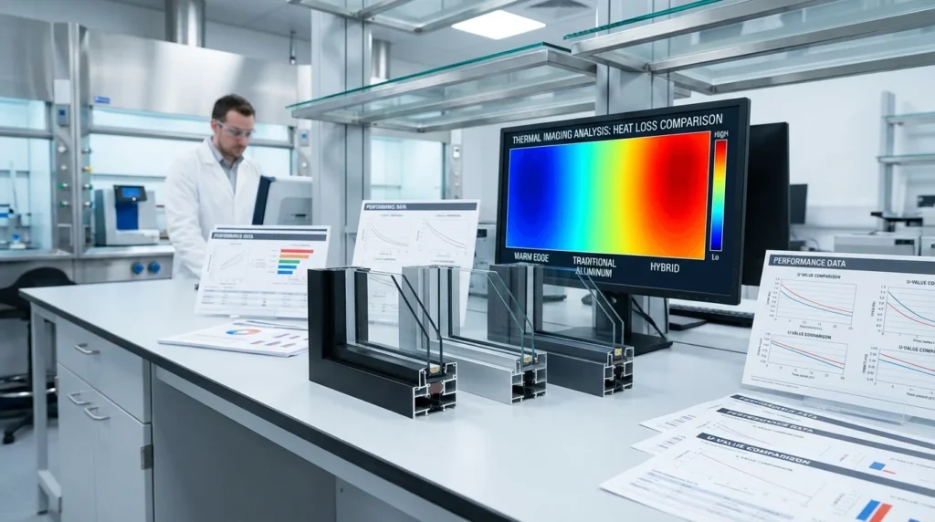 Trois échantillons de séparateurs de fenêtres modernes sont alignés sur une surface blanche élégante dans un laboratoire de test. L'éclairage met en valeur la texture des matériaux, créant une ambiance professionnelle et épurée.