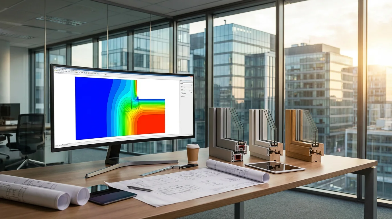 Un espace de travail d'ingénierie architecturale avec un grand écran affichant un logiciel de simulation thermique en 2D. On y voit des dégradés de couleurs illustrant la température autour d'une jonction mur-fenêtre.