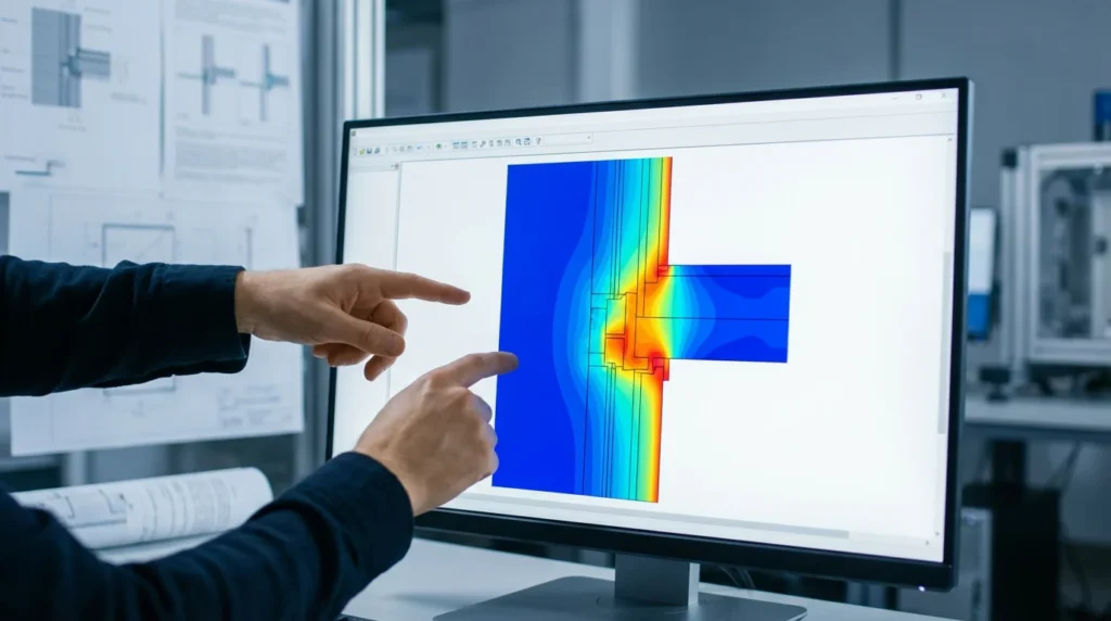 Écran d'ordinateur affichant un logiciel de simulation thermique en 2D. On y voit des dégradés de couleurs montrant la répartition de la chaleur autour d'une fenêtre sophistiquée.