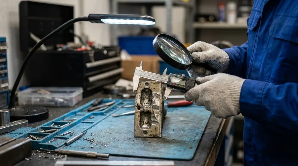 Un technicien examine de près une plaque de gâche usée sur une fenêtre. Il utilise une loupe et un pied à coulisse pour mesurer les dommages asymétriques avec précision. On voit son attention concentrée sur les détails de l'usure.