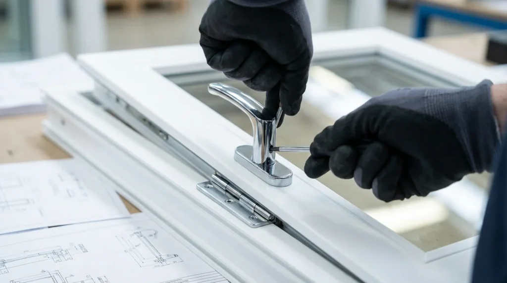 Un gros plan montre les mains d'un technicien utilisant un tournevis pour vérifier et serrer les vis d'une poignée de fenêtre oscillo-battante moderne, avec des ferrures chromées et des charnières visibles.