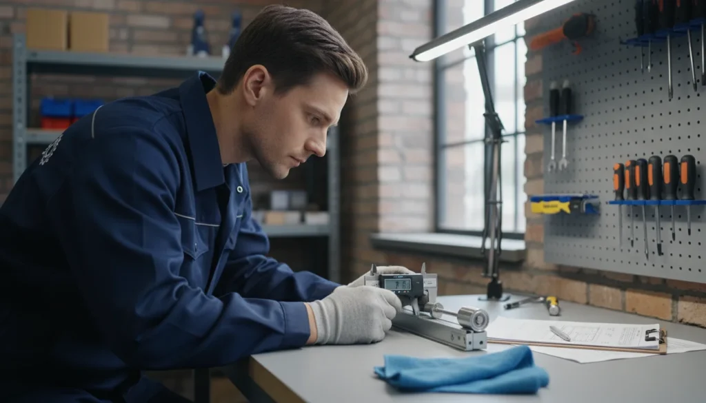 Un technicien en uniforme bleu marine vérifie l'alignement précis du mécanisme d'une fenêtre. Il utilise un pied à coulisse numérique pour mesurer la concentricité des rouleaux par rapport à la plaque de frappe.