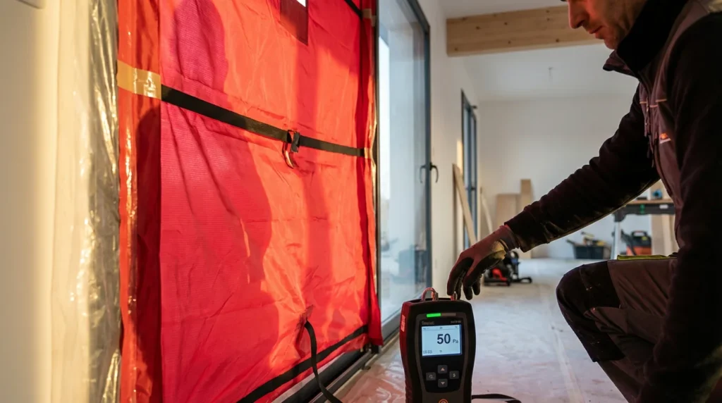 Un technicien utilise un appareil rouge pour tester l'étanchéité d'une maison moderne en France. L'appareil est installé dans le cadre d'une fenêtre et un écran numérique affiche les mesures de pression.