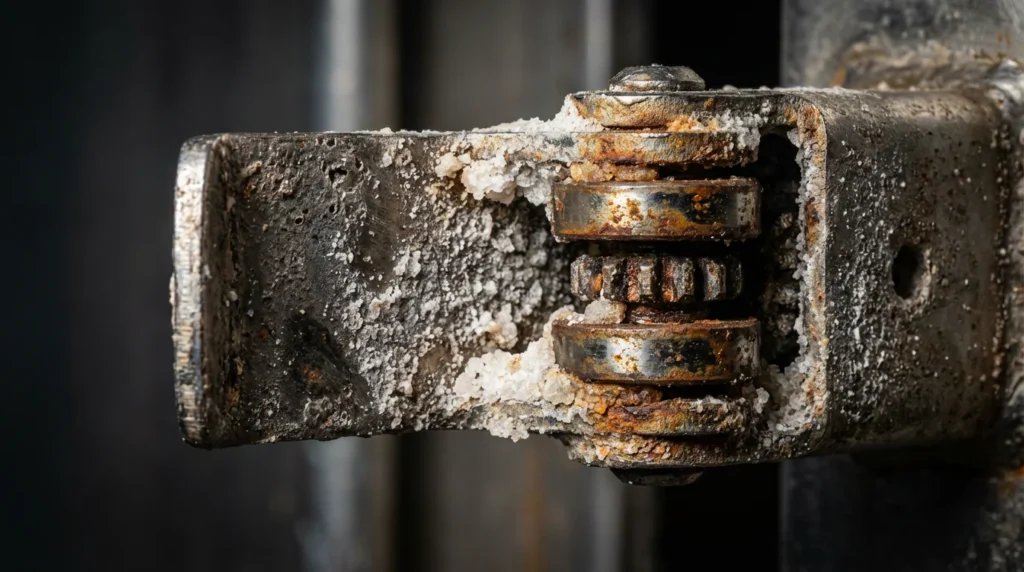 Gros plan d'un mécanisme de verrouillage en acier inoxydable corrodé, recouvert de cristaux de sel blancs. Les roulements à rouleaux et composants mécaniques sont visibles, avec des traces d'oxydation.